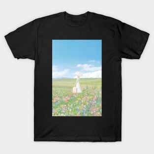 woman in a flower field with umbrella and suitcase T-Shirt